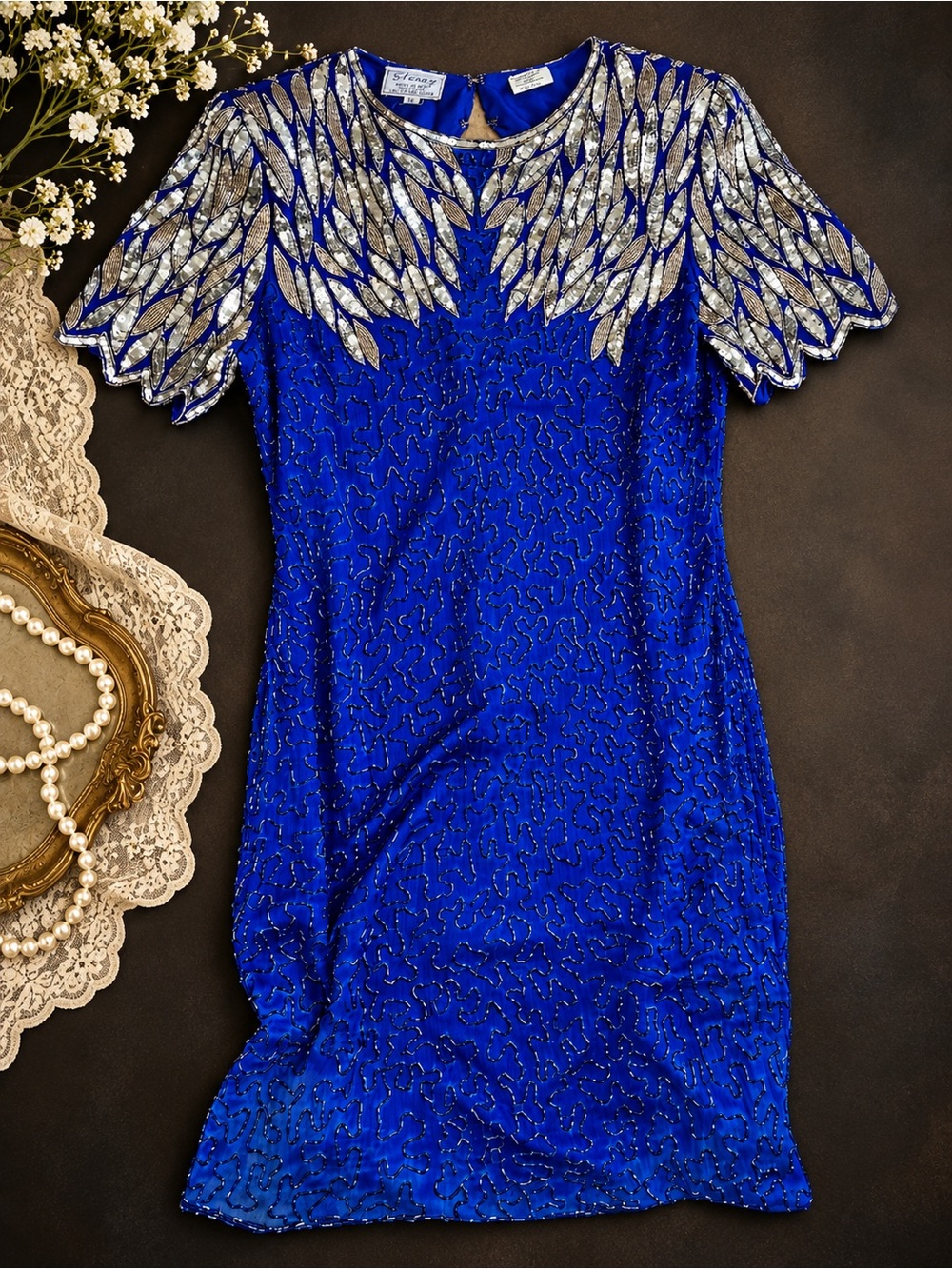 Vintage Stenay Beaded Silk Dress Size 12 Blue Silver